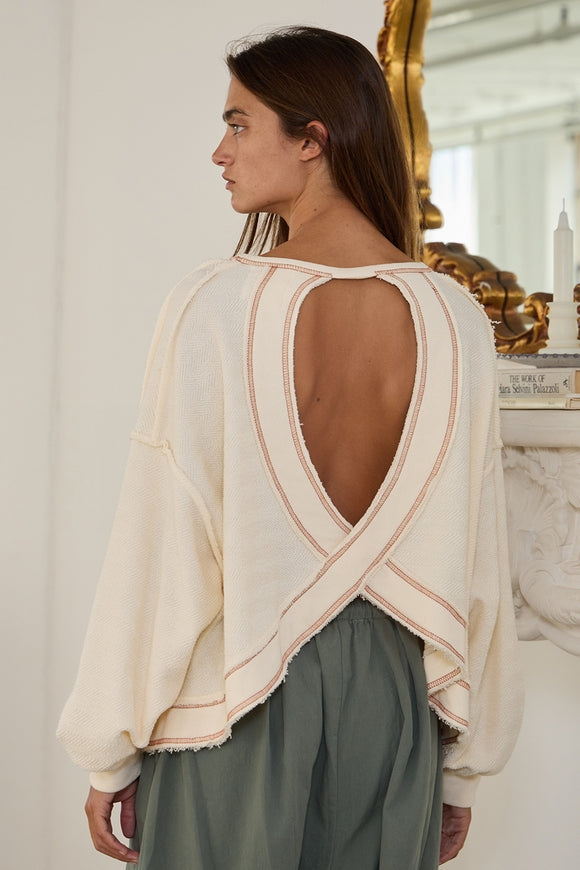 Overlap Open Back Long Sleeve Top - Cream