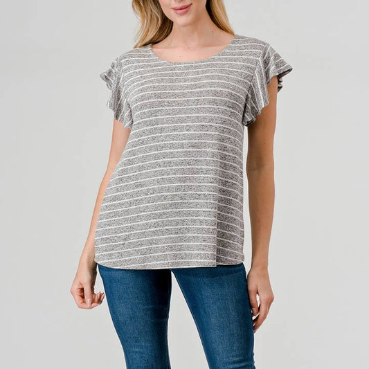 Flutter Sleeve Stripe Top - Heather Grey/White