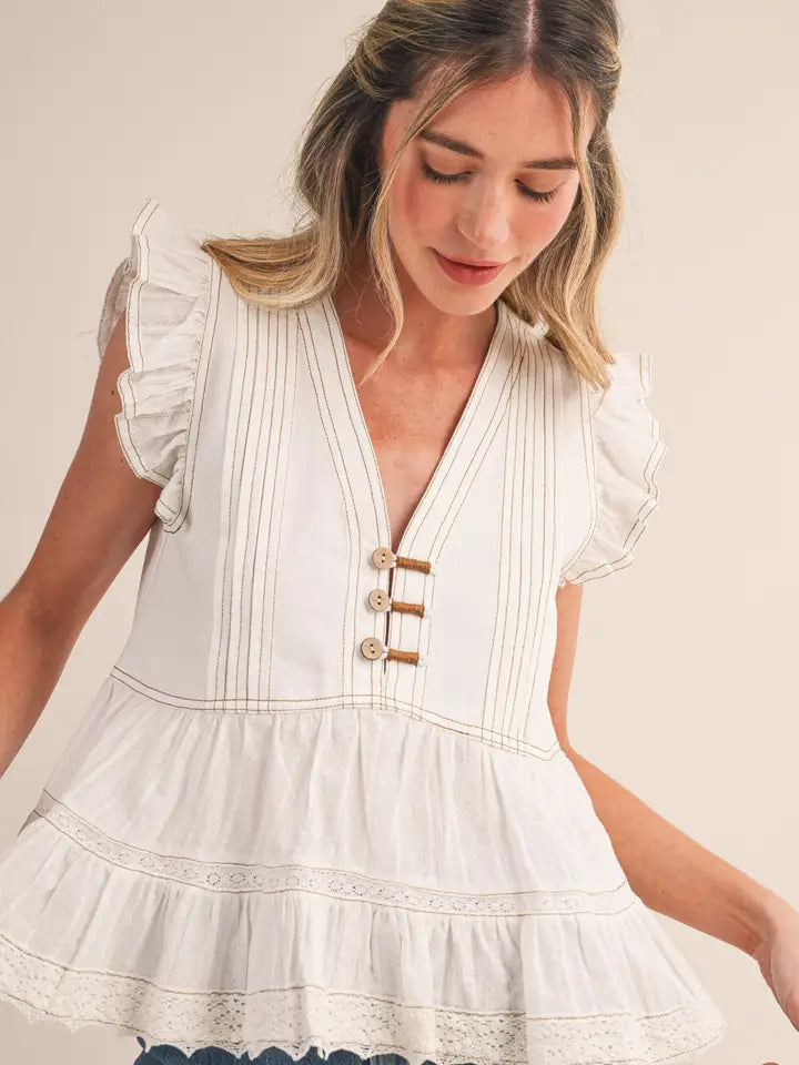 Mixed Media Contrast Stitch Top - White