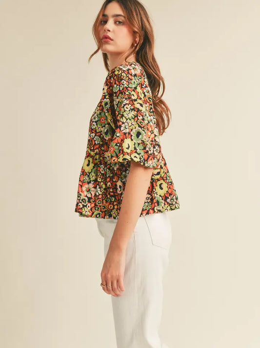 Floral Print Babydoll Top - Black Floral