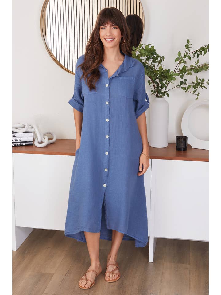 Linen Pocket Dress - Slate Blue