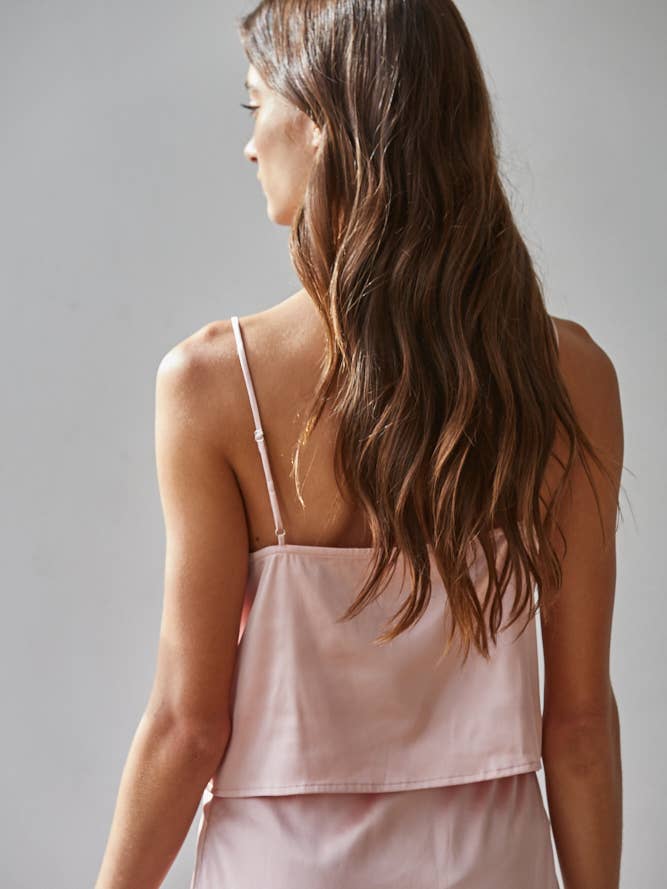 Satin Embroidered V-Neck Top - Dusty Pink