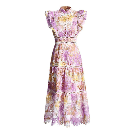 Embroidered Lace Midi Dress - Purple