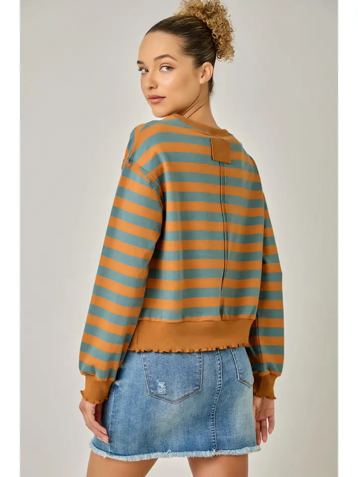 Embroidered Stripe Sweatshirt - Pumpkin/Teal