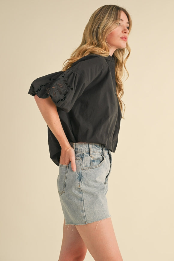 Embroidered Bubble Sleeve Button Down - Black