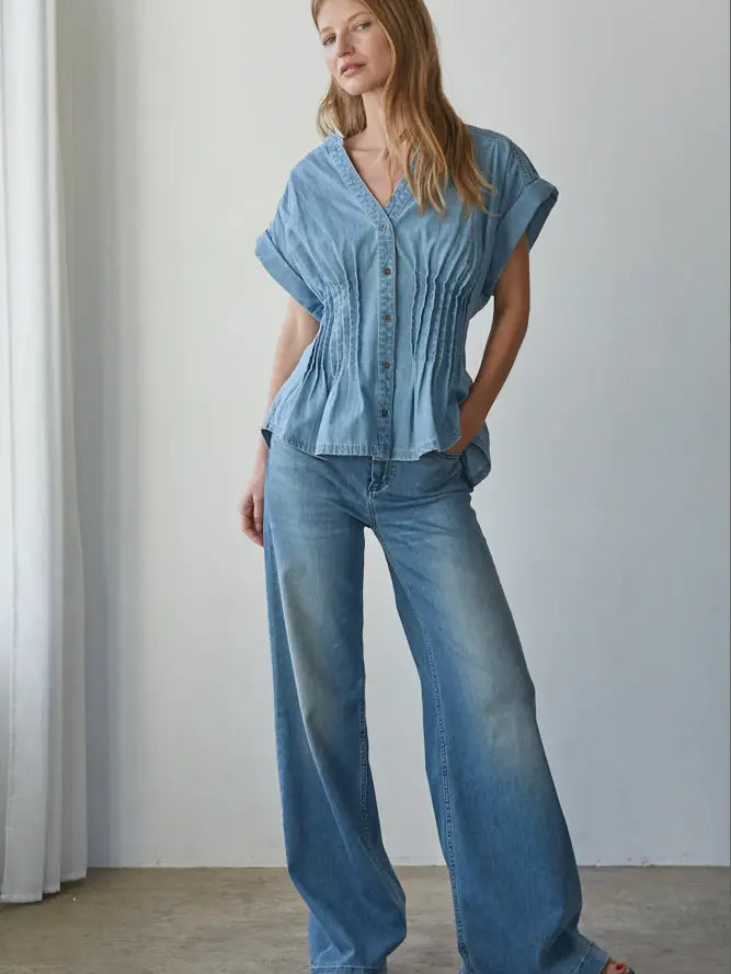 Pleated Button Down Top - Light Denim