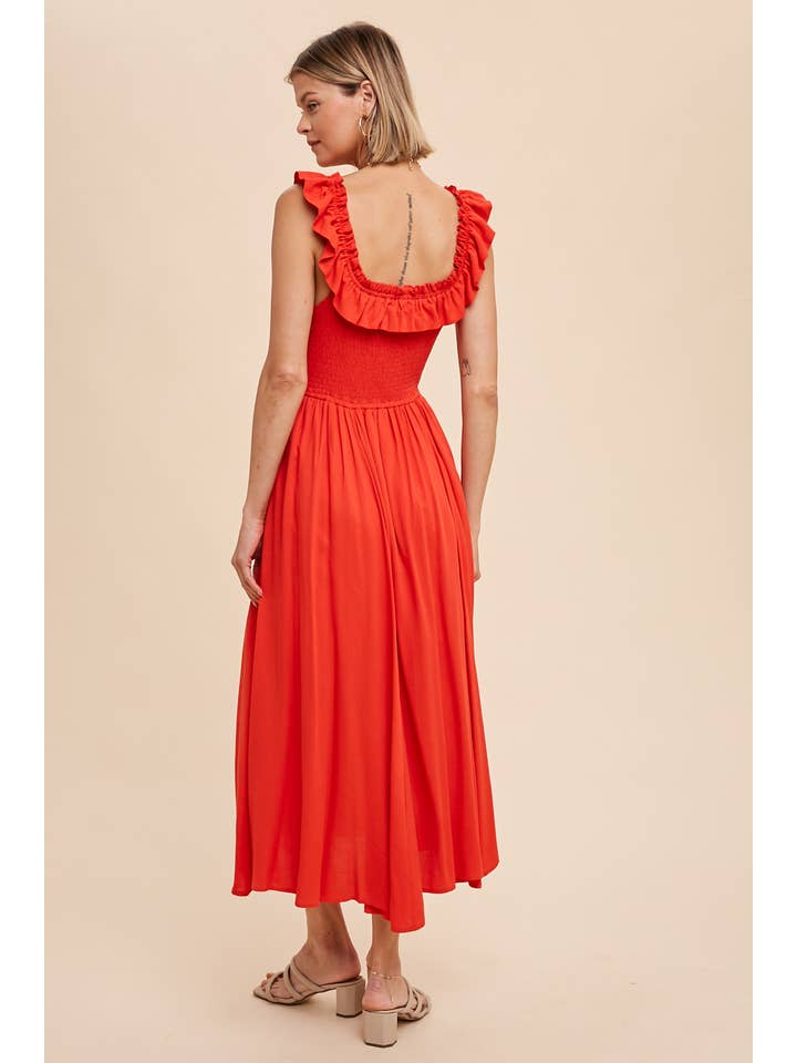 Smocked Ruffled Midi Dress - Chili