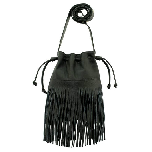 Drawstring Crossbody with Fringe - Black