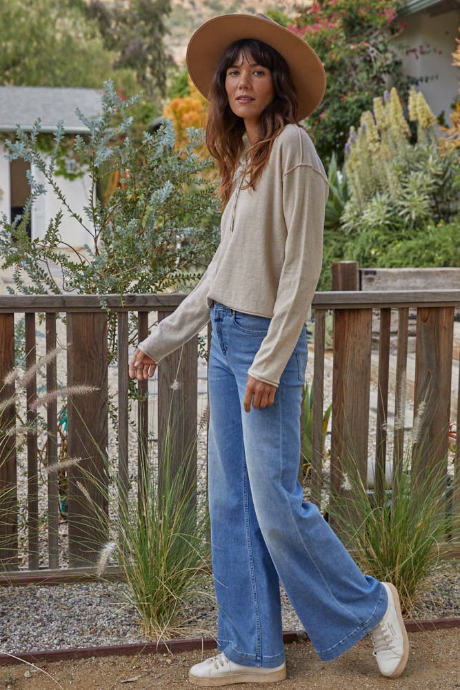 Knit Henley Sweater Crop - Natural