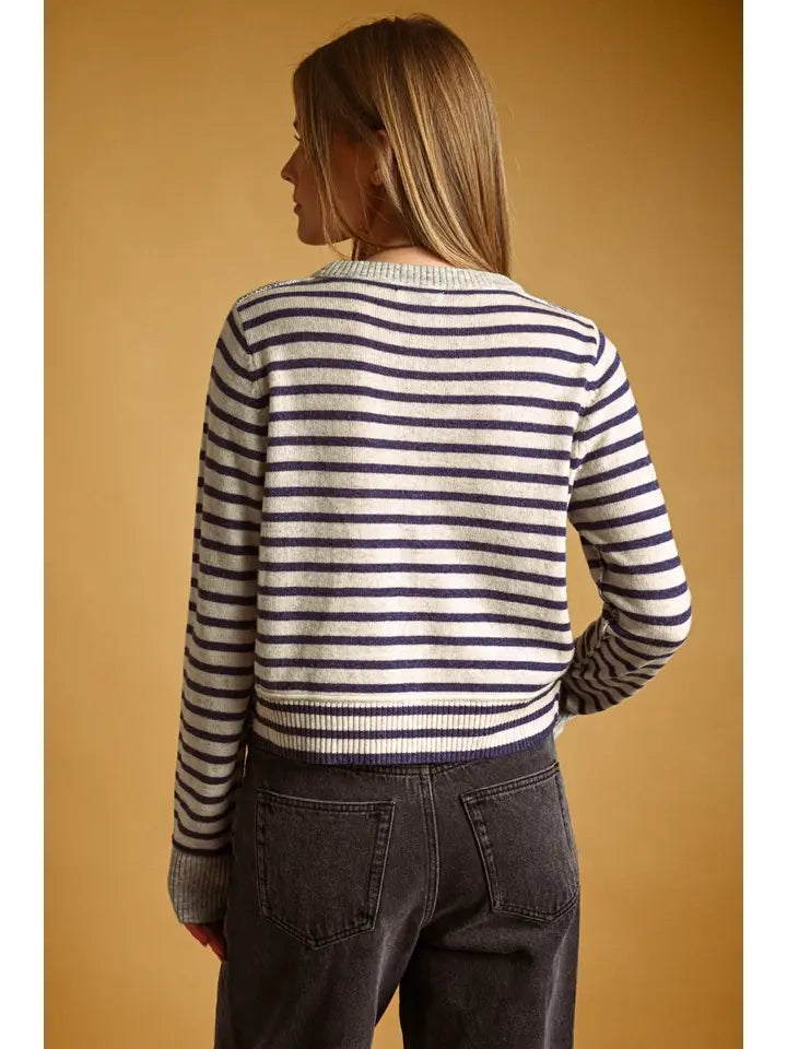 Striped Button Front Cardigan - Olive/Oat/Grey