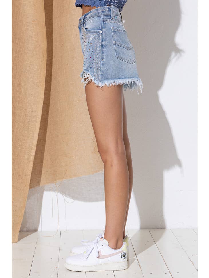 Crystal Stud Frayed Denim Short