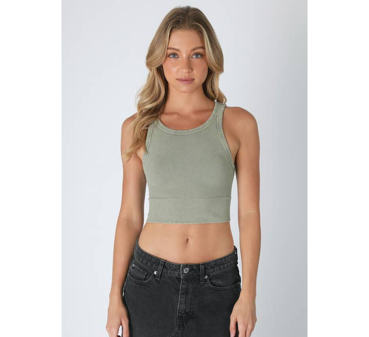 Chevron Highneck Crop Top - Vintage Matcha