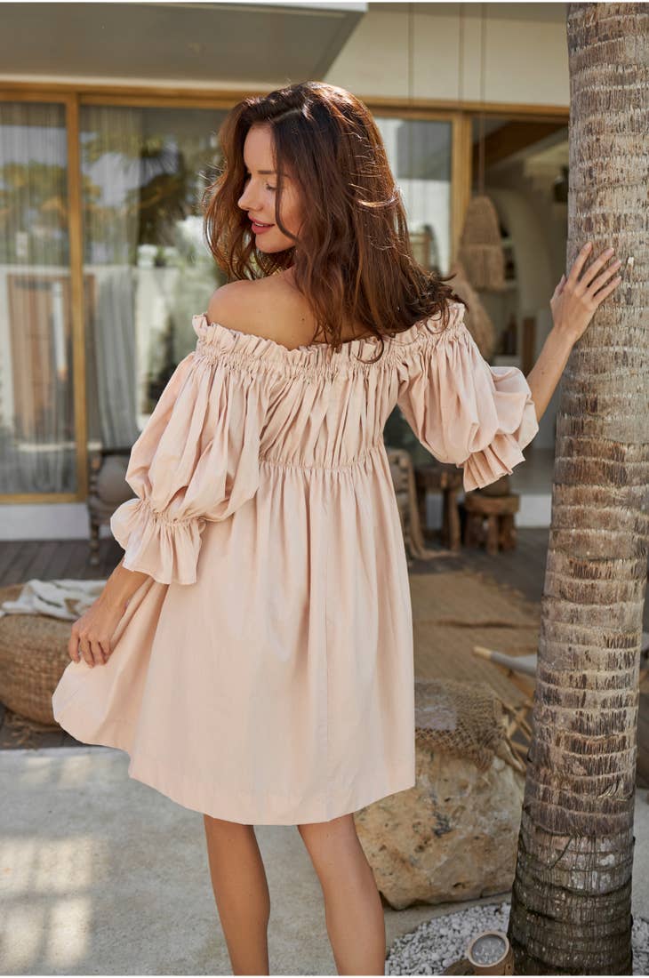 Vacay Puff Sleeve Mini Dress - Cream