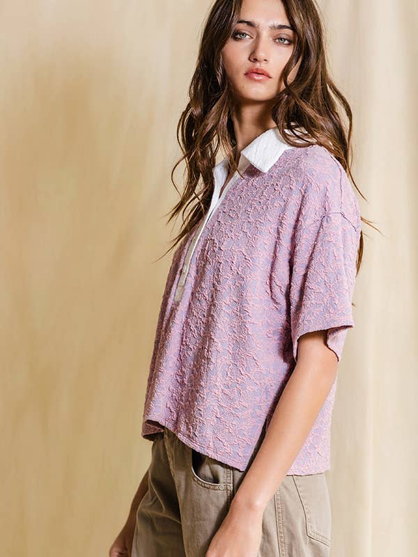 Floral Textured Crop Polo Top - Mauve