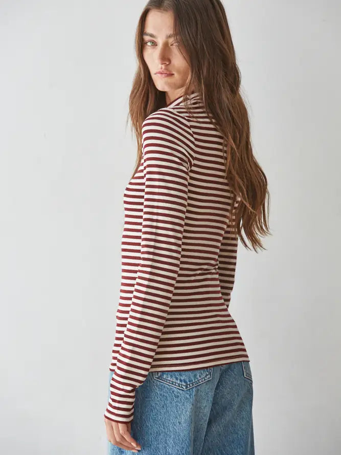 Mock Neck Striped Long Sleeve - Cream Wine