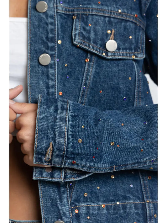 Rhinestone Denim Jacket - Dark Denim