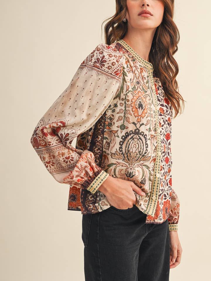 Patchwork Print Button Down - Mocha Cream Floral