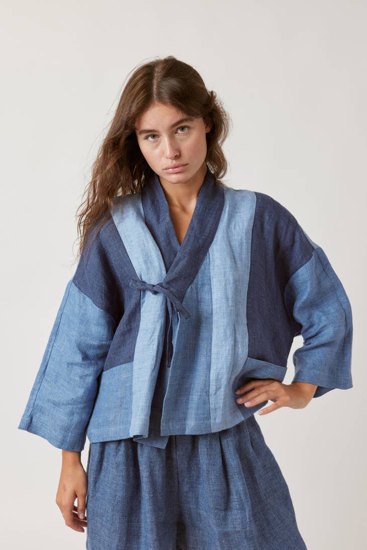 Linen Color-Blocked Jacket - Denim Tones