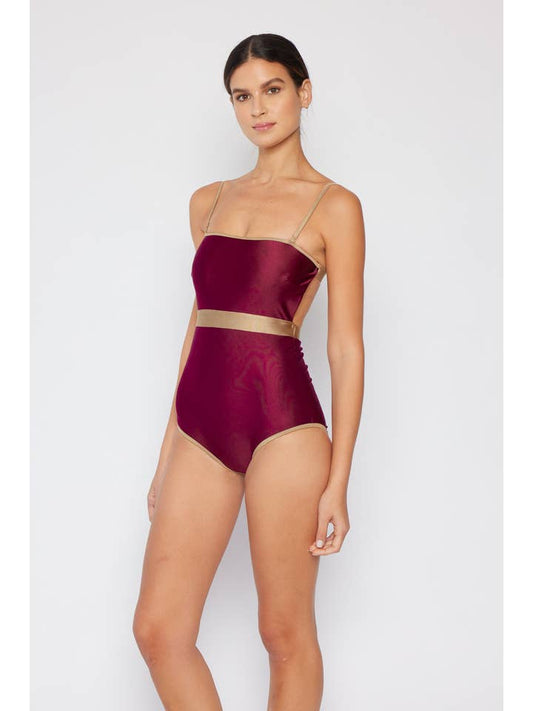 Contrast Band Swimsuit - Shine Wine