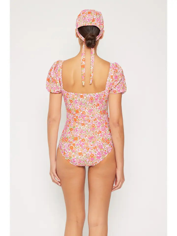 Puff Sleeve Swimsuit - Small Flowers Pink