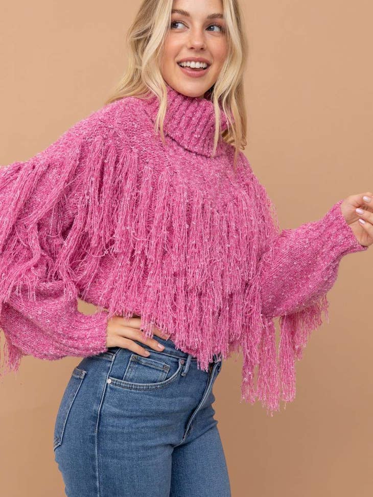 Fringe Cropped Sweater - Pink
