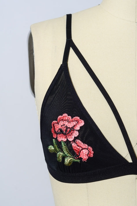 Rose Strappy Bralette - Black