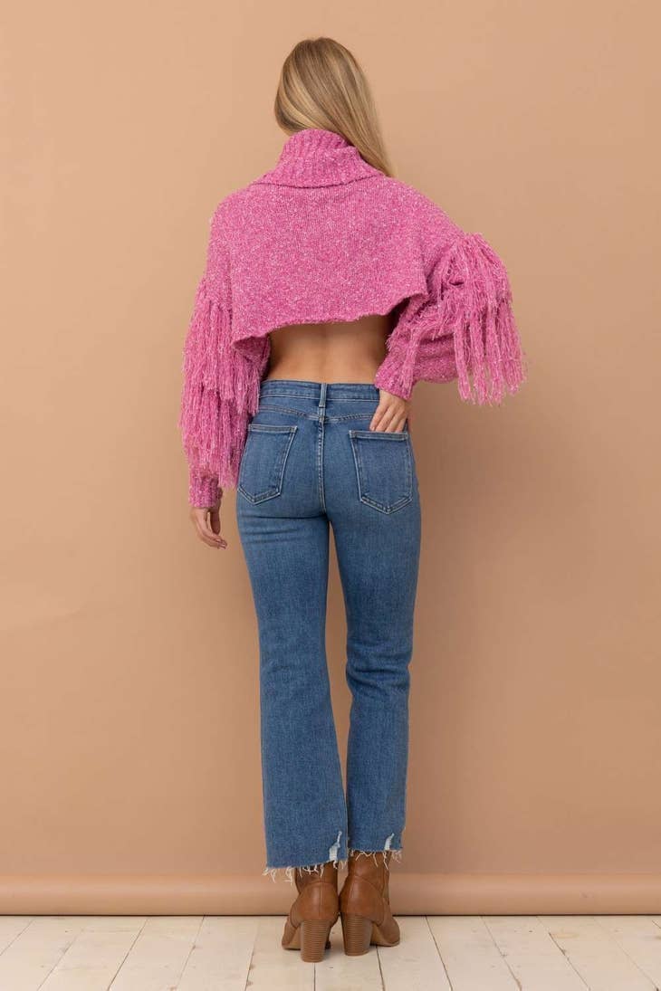 Fringe Cropped Sweater - Pink