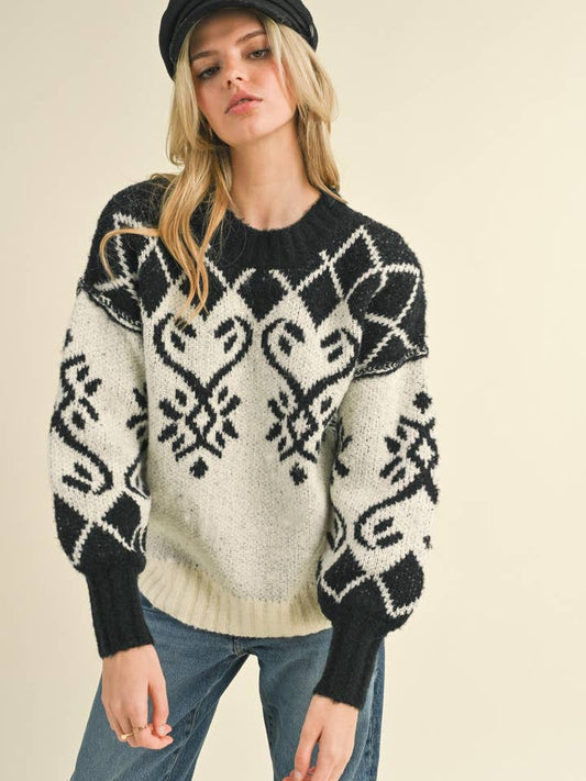 Jacquard Pullover Sweater - Cream Black