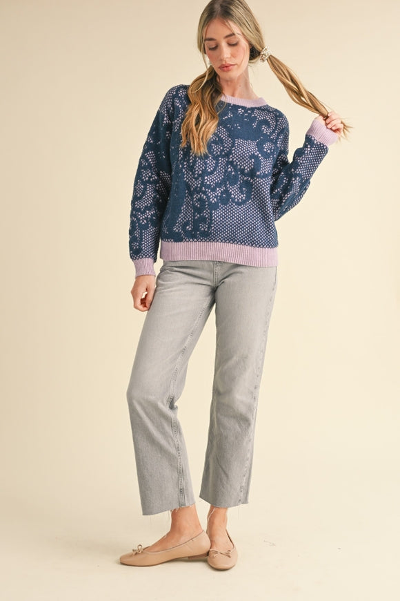 Lace Pattern Sweater - Navy Lavender