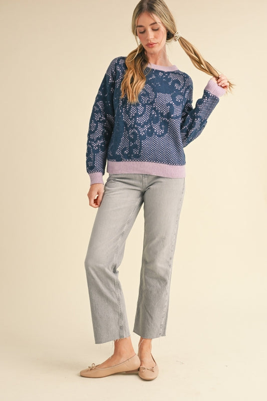 Lace Pattern Sweater - Navy Lavender