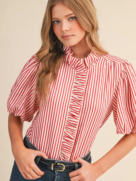Striped Ruffle Button Down - Berry Red