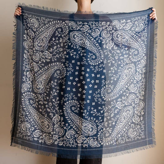 Oversize Fringe Bandana - Paisley in Navy