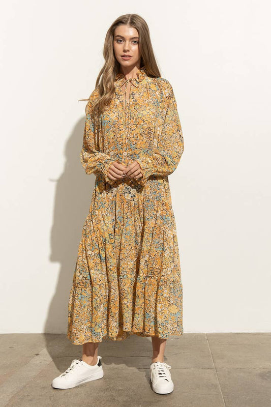 Ruffle Neck Tiered Maxi Dress - Mustard Multi