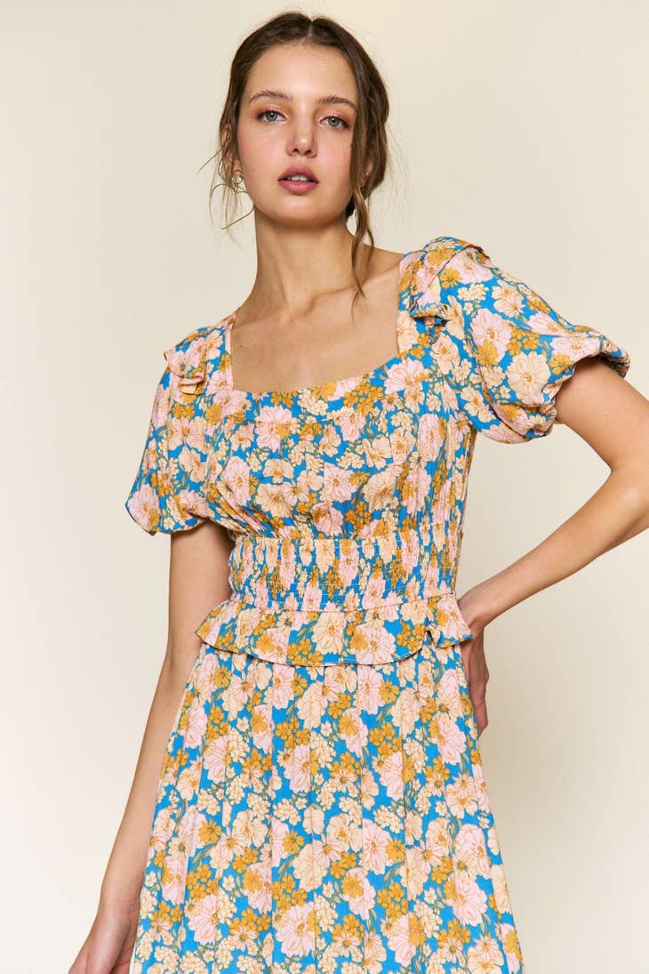 Ruffle Midi Dress - Blue Multi Floral