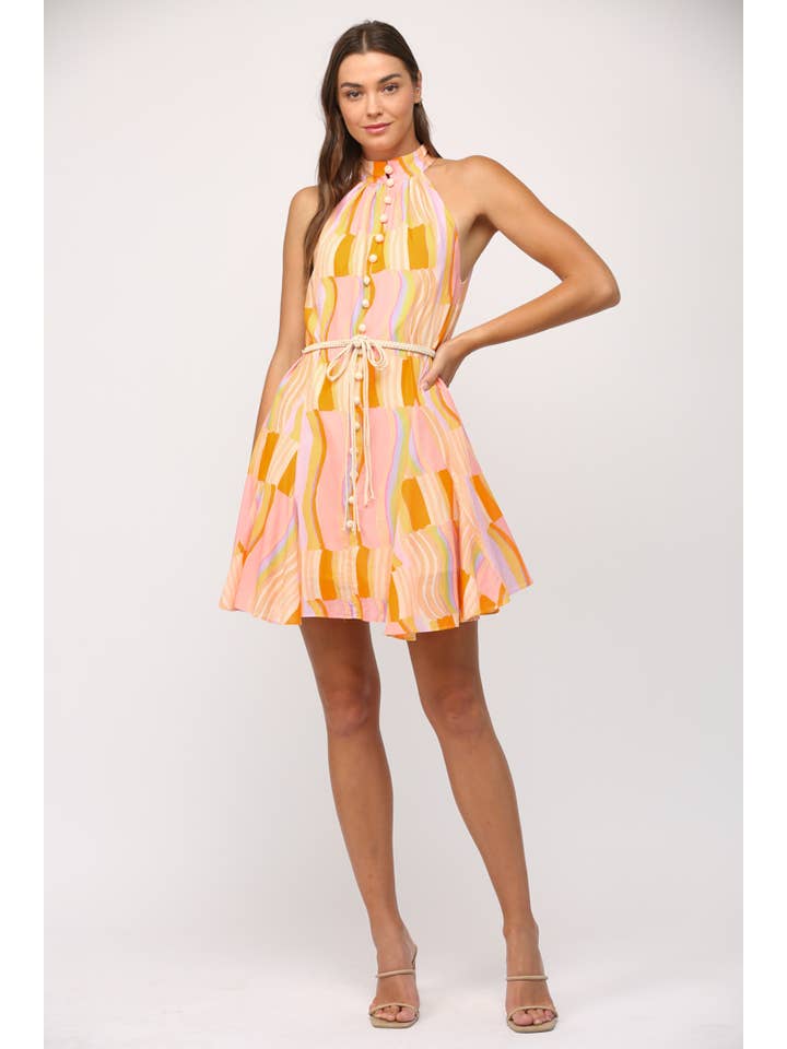 Halter Neck Mini Dress - Orange/Lavender
