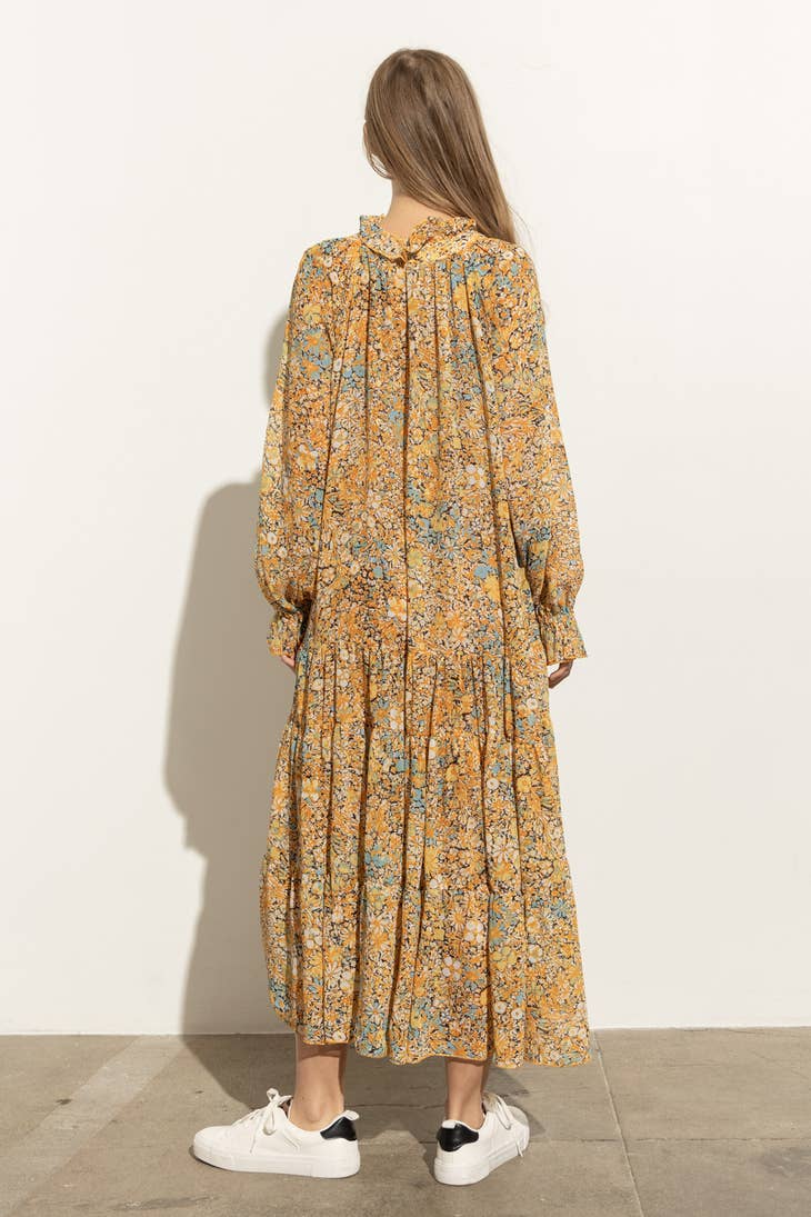 Ruffle Neck Tiered Maxi Dress - Mustard Multi