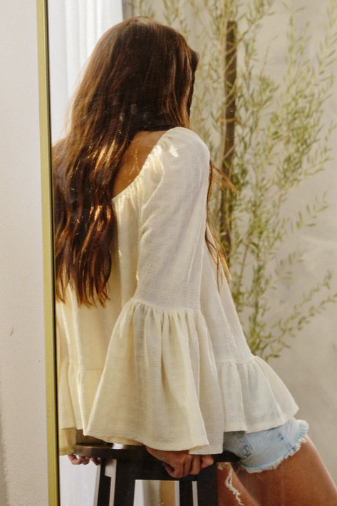 Bell Sleeve Ruffled Hem Blouse - Cream