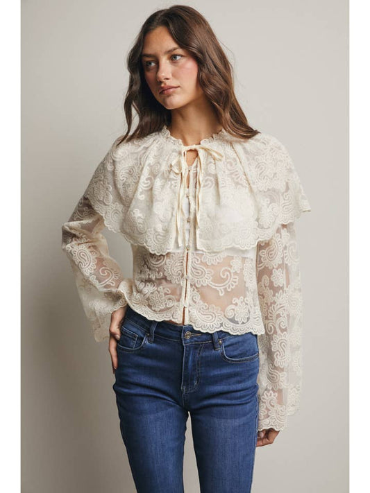 Sheer Embroidered Lace Blouse - Ecru