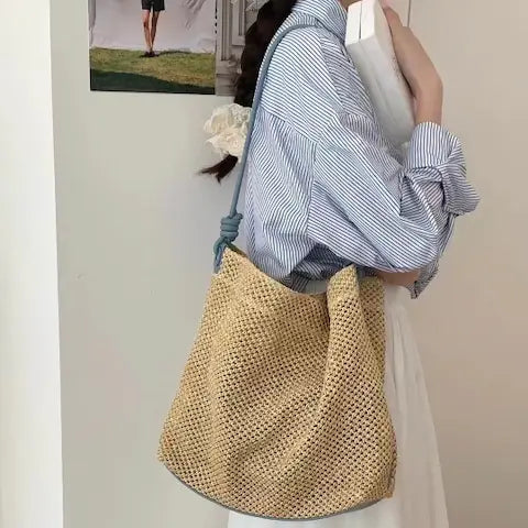 Faux Leather Strap Straw Tote - Blue