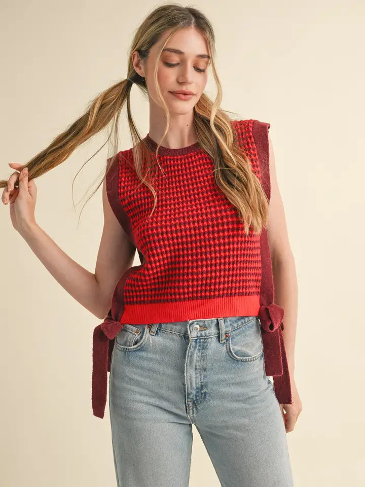 Striped Side Tie Sweater Vest - Burgundy Red