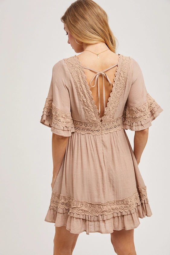 V-Neck Lace Open Back Dress - Latte
