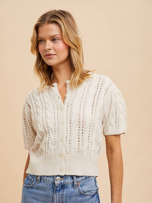 Cable Knit Puff Sleeve Cardigan - Creme