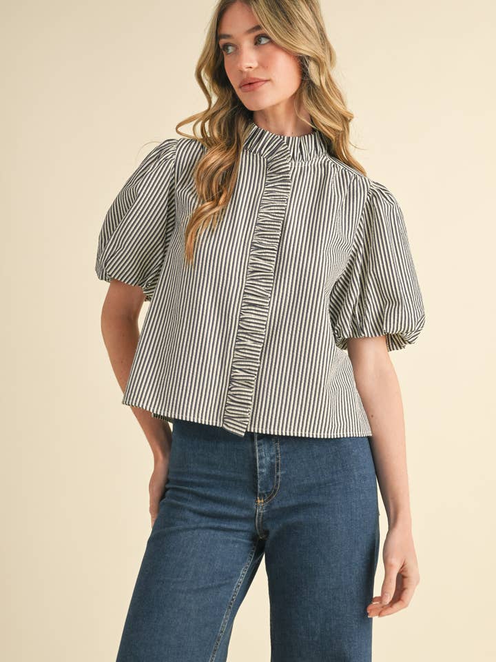 Striped Ruffle Button Down - Dark Denim