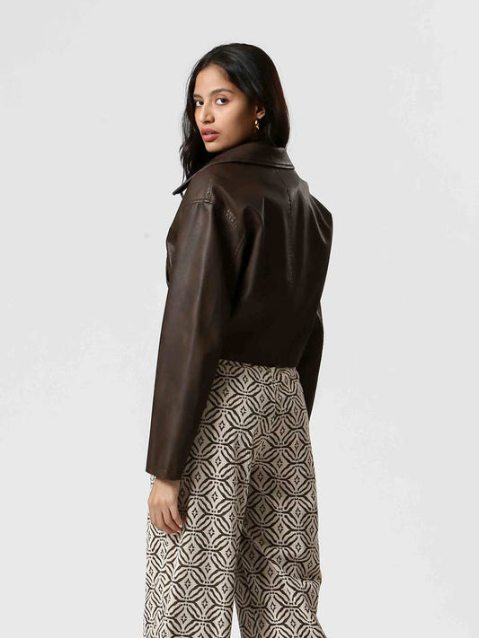 Zipper Faux Leather Jacket - Brown