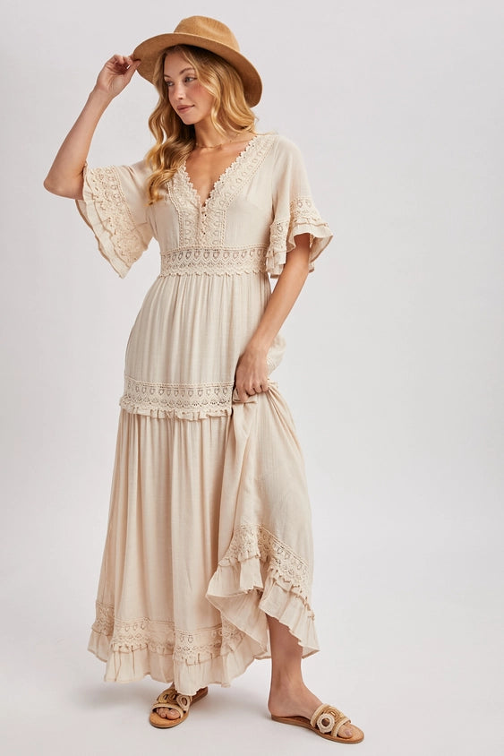 V-Neck Lace Trim Maxi Dress - Shell