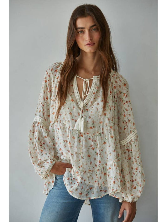 Floral Print Wide Neck Top - Ivory Multi