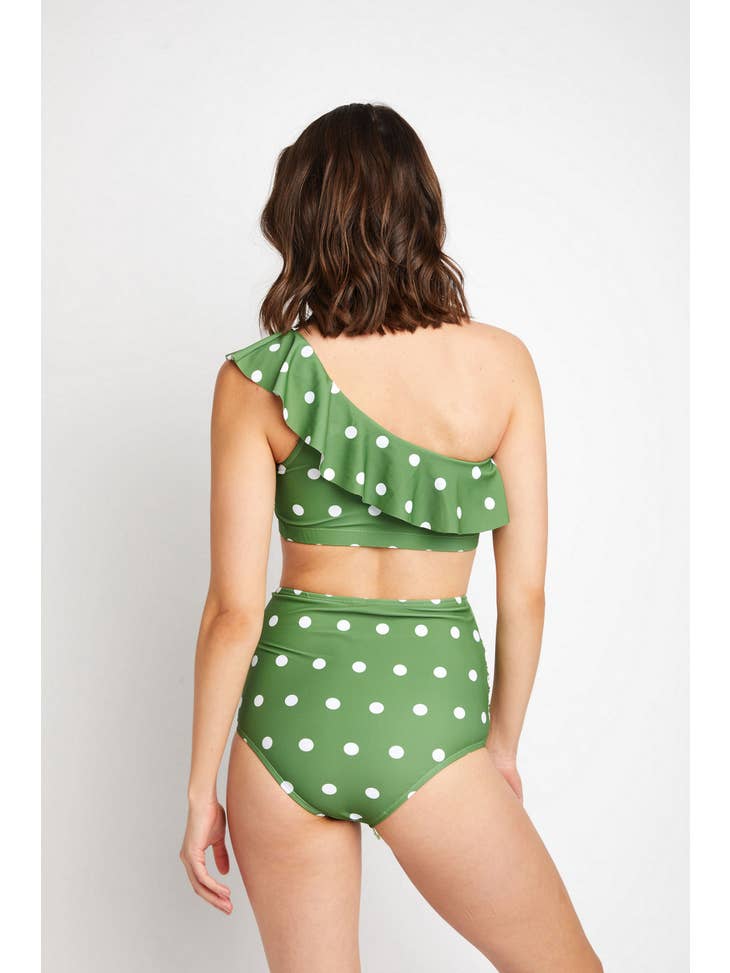 One-Shoulder High Waisted Swimsuit - Olive White Dot