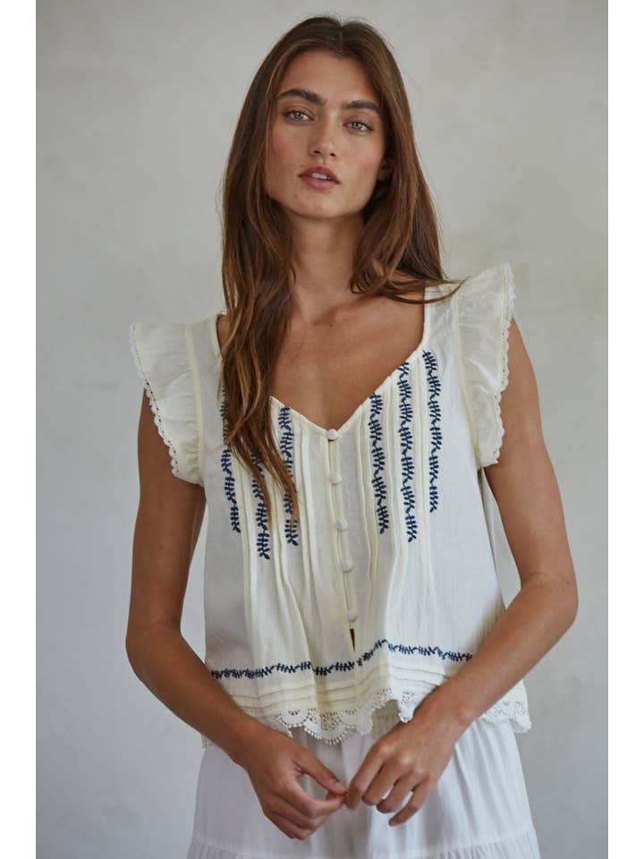 Embroidered Lace Trim Ruffle Top - Cream
