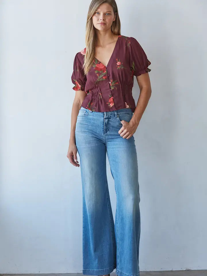 Floral Cinched Waist Top - Wine