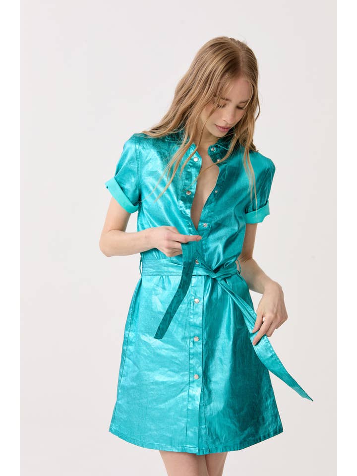 Franca Metallic Linen Dress - Turquoise